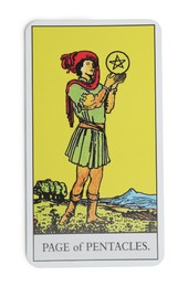 Photo of Page of Pentacles isolated on white. Tarot card