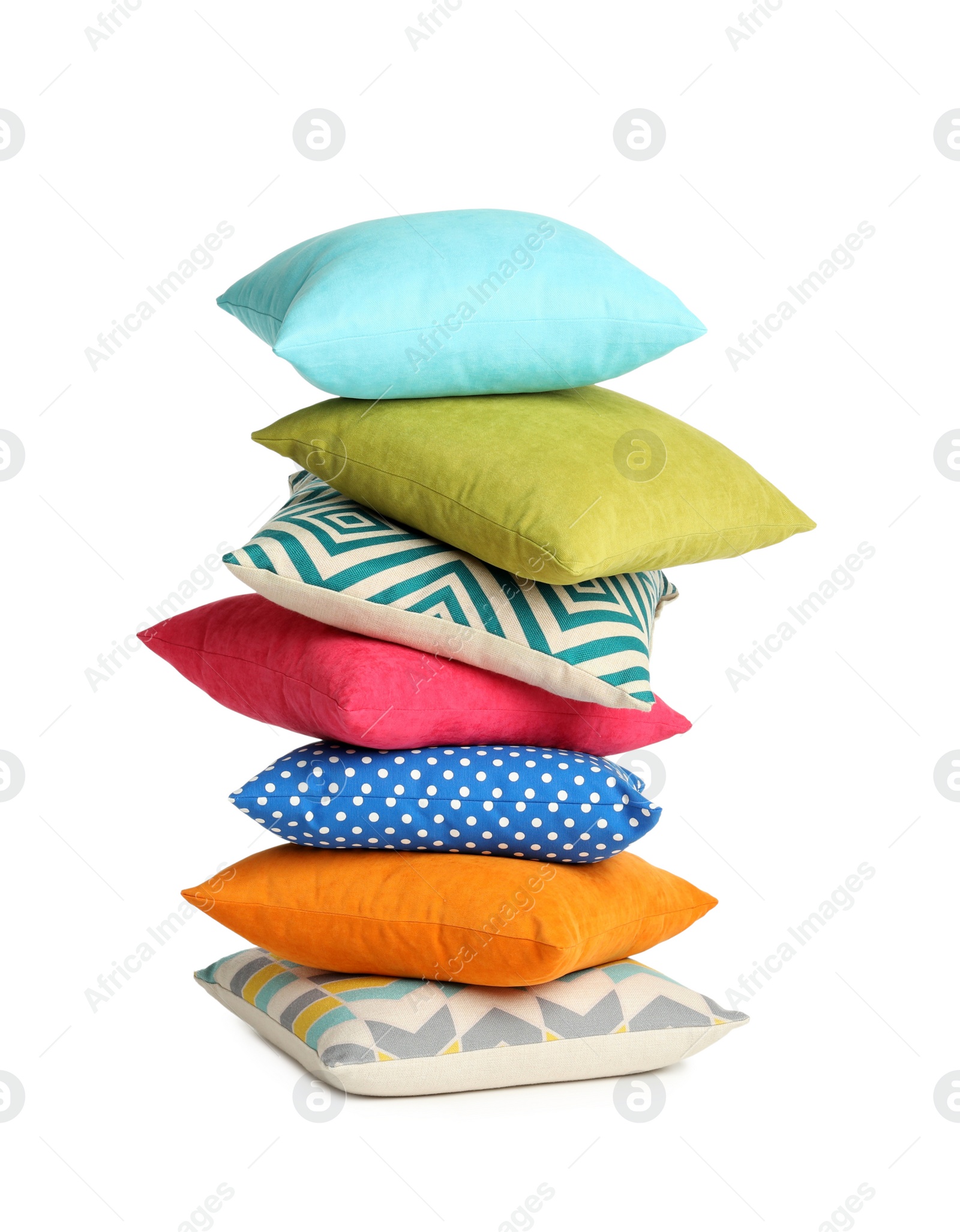 Photo of Stack of colorful decorative pillows on white background