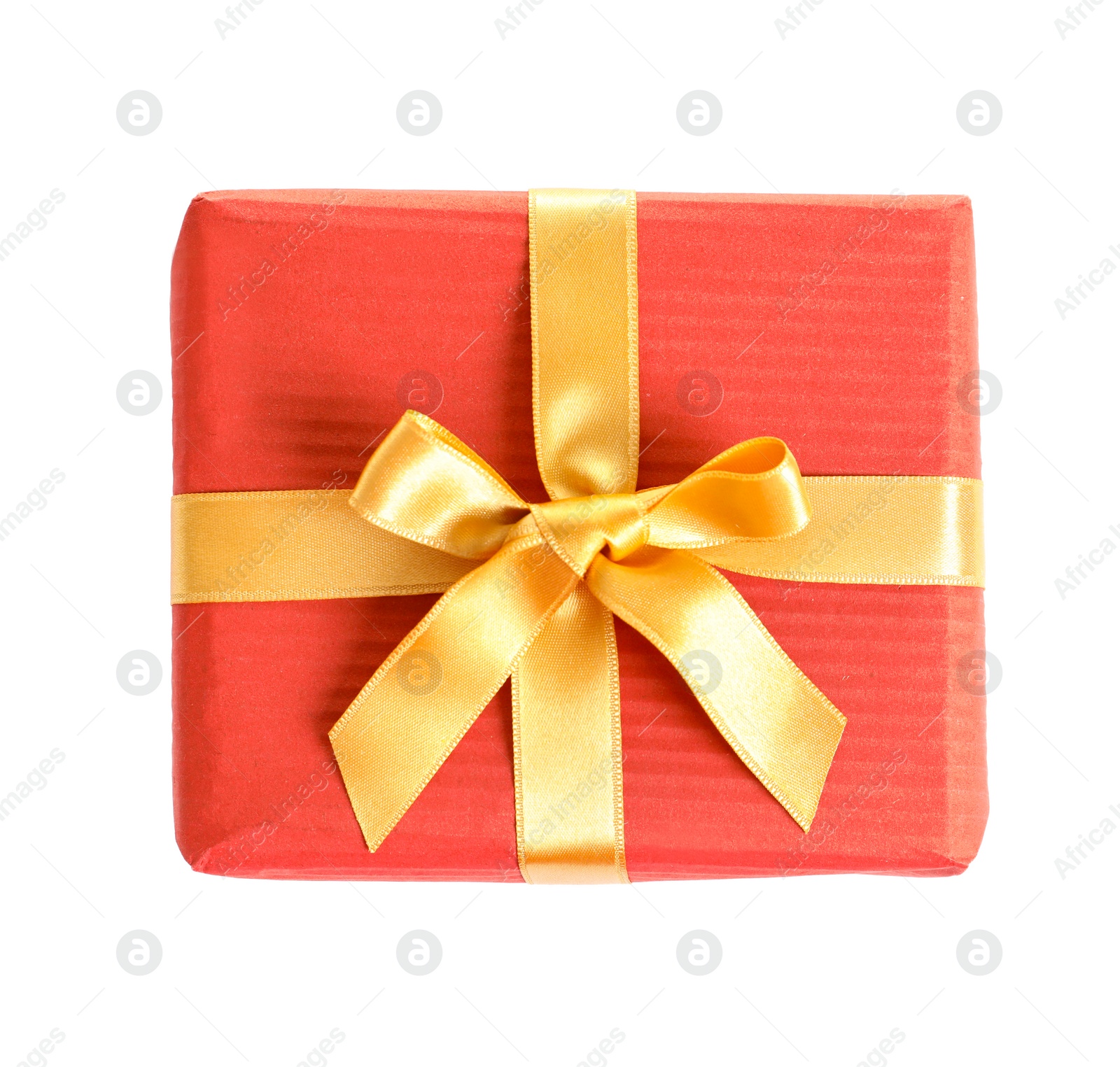 Photo of Beautifully wrapped gift box on white background, top view