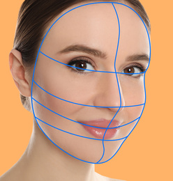 Image of Facial recognition system. Woman with digital grid on yellow background, closeup