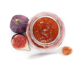 Photo of Delicious fig jam, fresh fruits and spoon on white background, top view