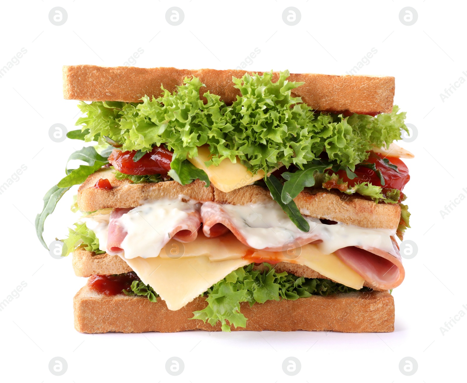 Photo of Yummy sandwich with ham isolated on white