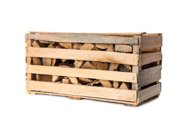 Cut firewood on white background. Heating in winter