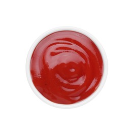 Photo of Bowl of tasty ketchup isolated on white, top view. Tomato sauce