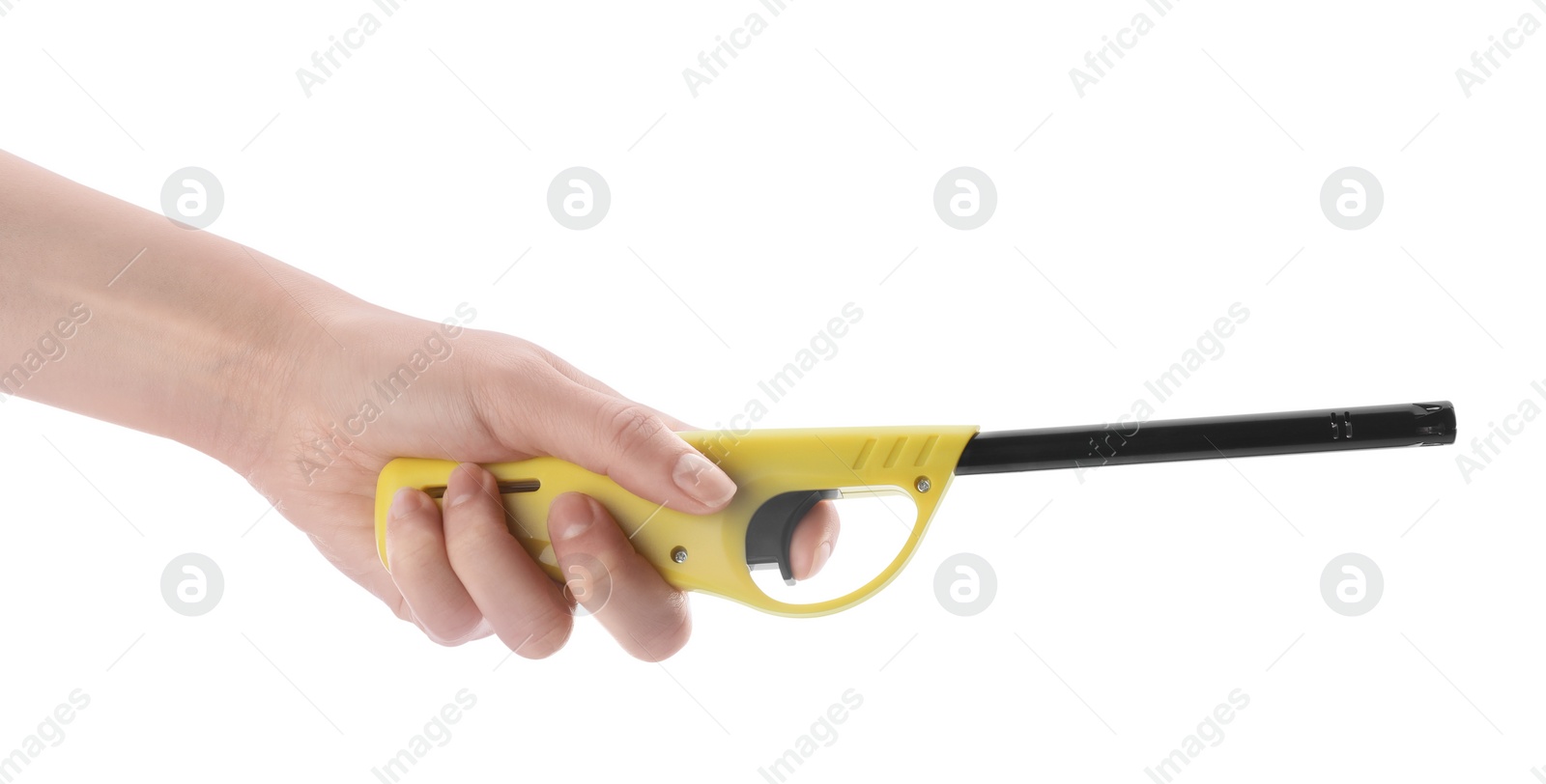 Photo of Woman holding gas lighter on white background, closeup