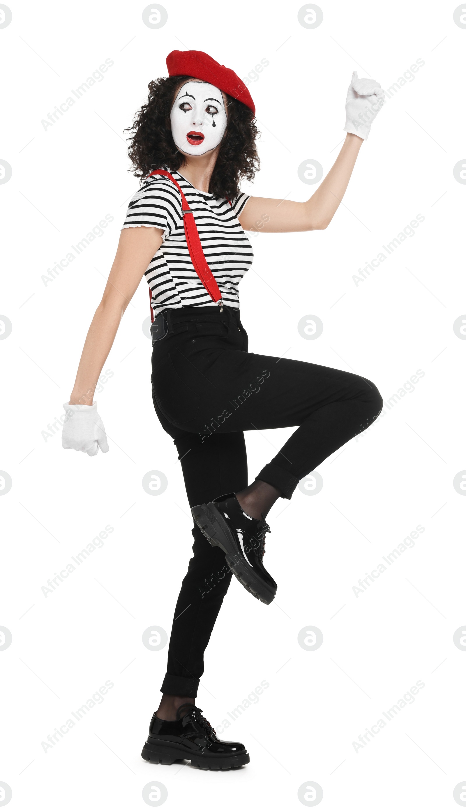 Photo of Funny mime with beret posing on white background