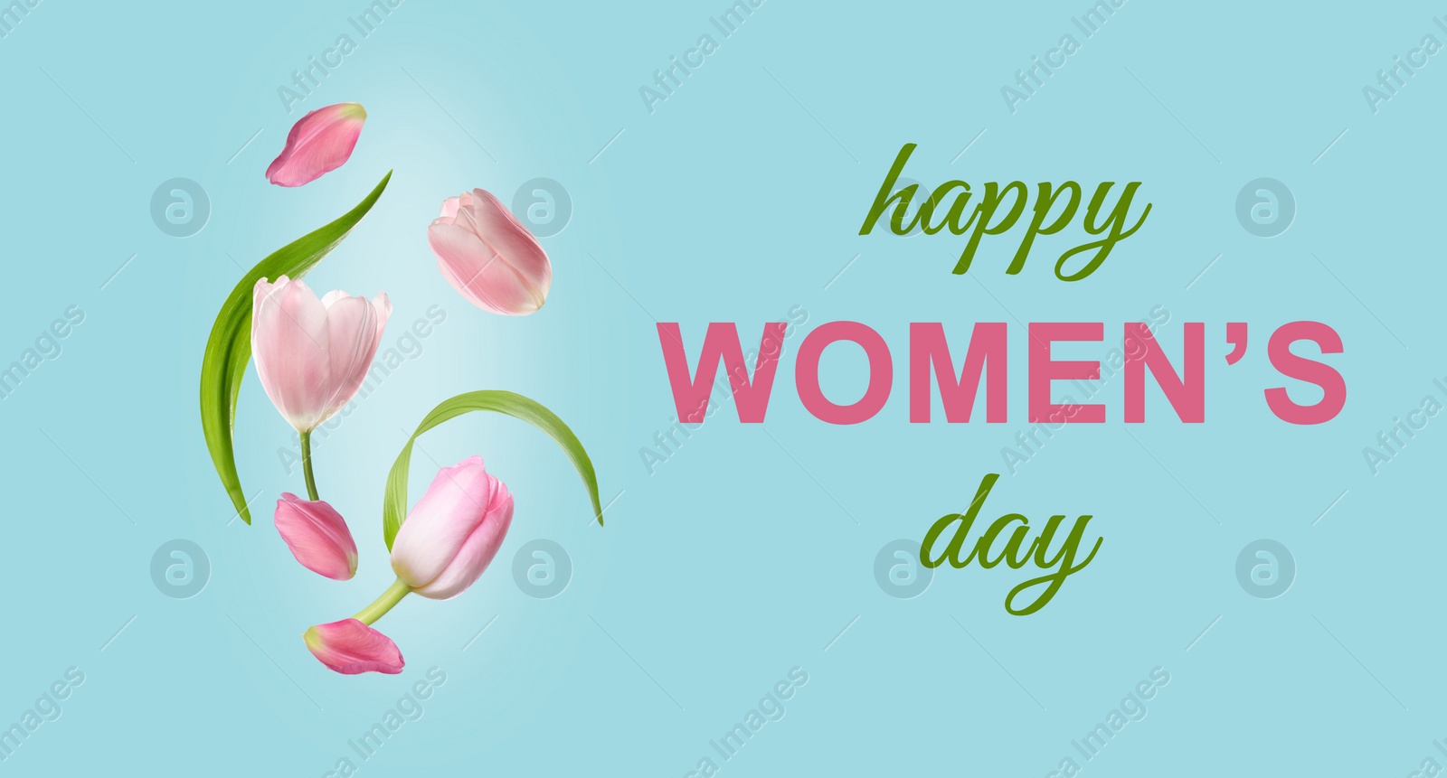 Image of Happy Women's Day greeting card design with beautiful flowers on light blue background