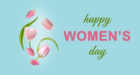 Happy Women's Day greeting card design with beautiful flowers on light blue background