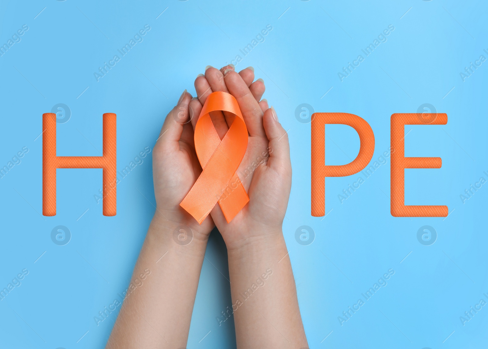 Image of Word HOPE and woman with orange awareness ribbon on light blue background, top view  