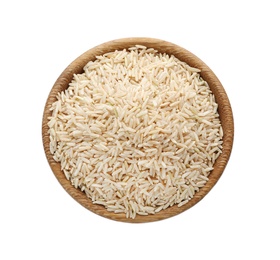 Wooden bowl with brown rice on white background, top view