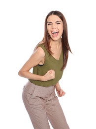 Photo of Young woman celebrating victory on white background