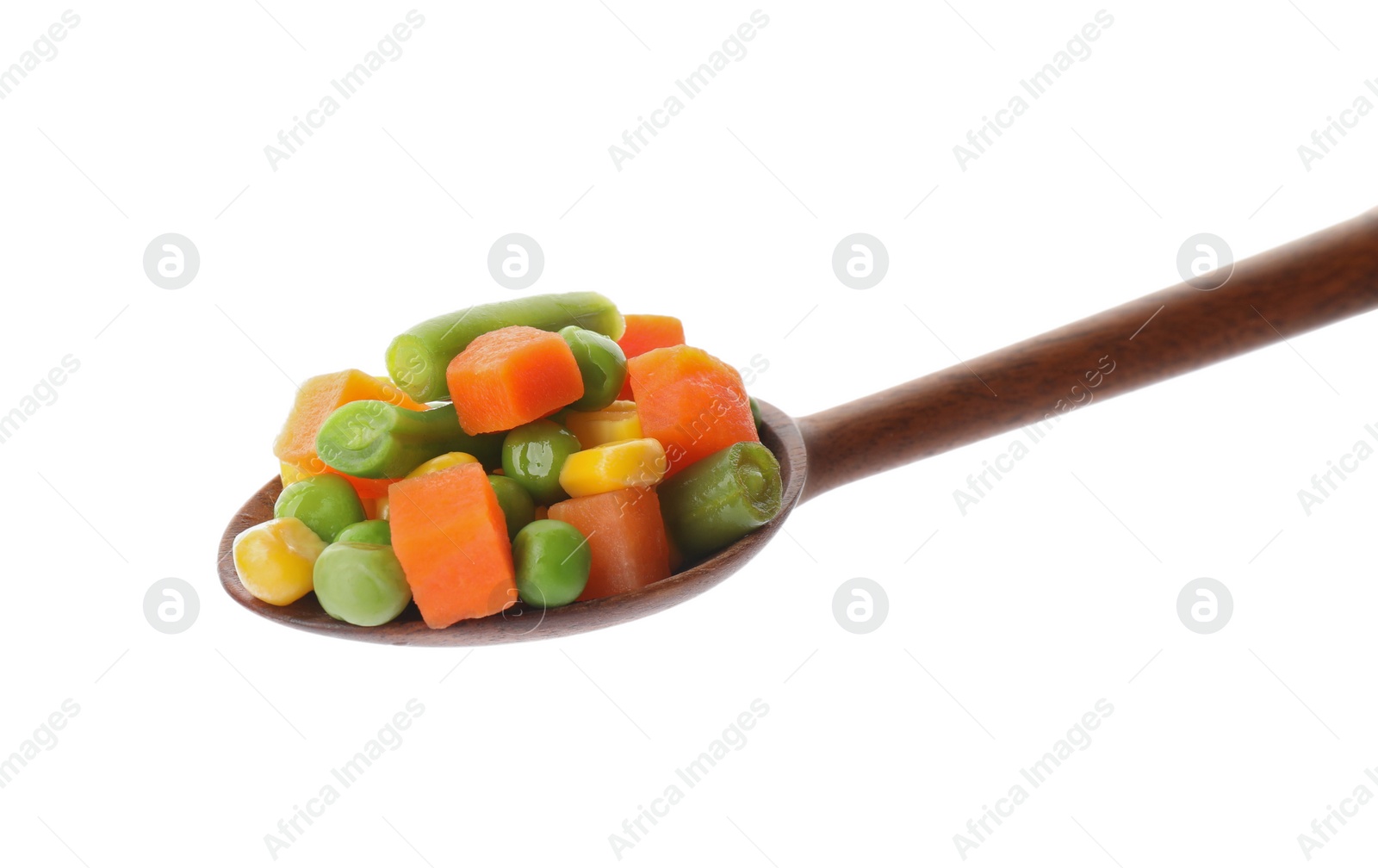 Photo of Mix of fresh vegetables in spoon on white background