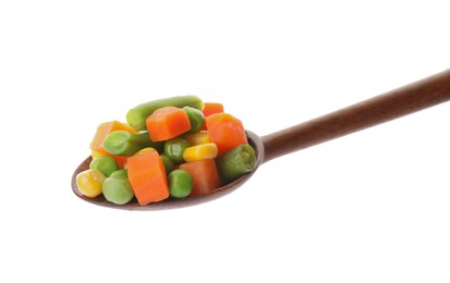 Mix of fresh vegetables in spoon on white background