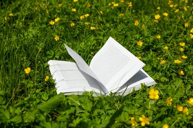 Photo of Open book in beautiful green meadow on sunny day