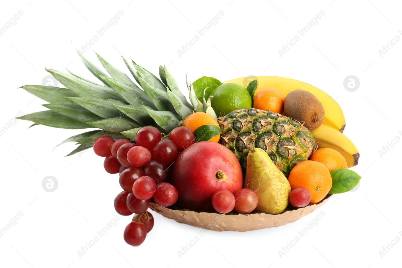 Photo of Platter with different fresh fruits isolated on white