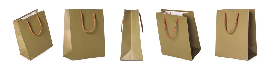 Image of Golden shopping bag isolated on white, different sides