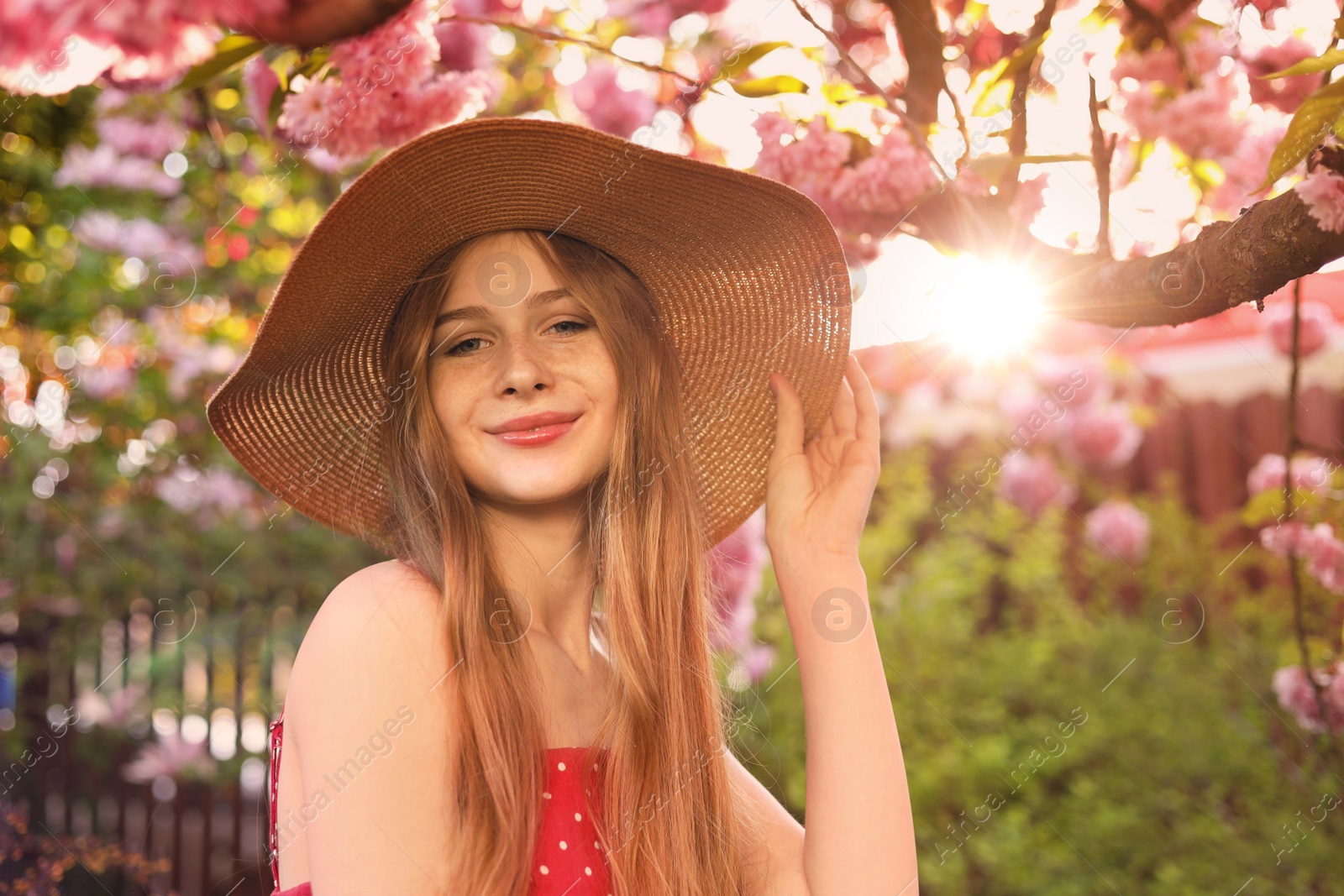 Photo of Beautiful teenage girl near blossoming sakura tree in park on sunny day