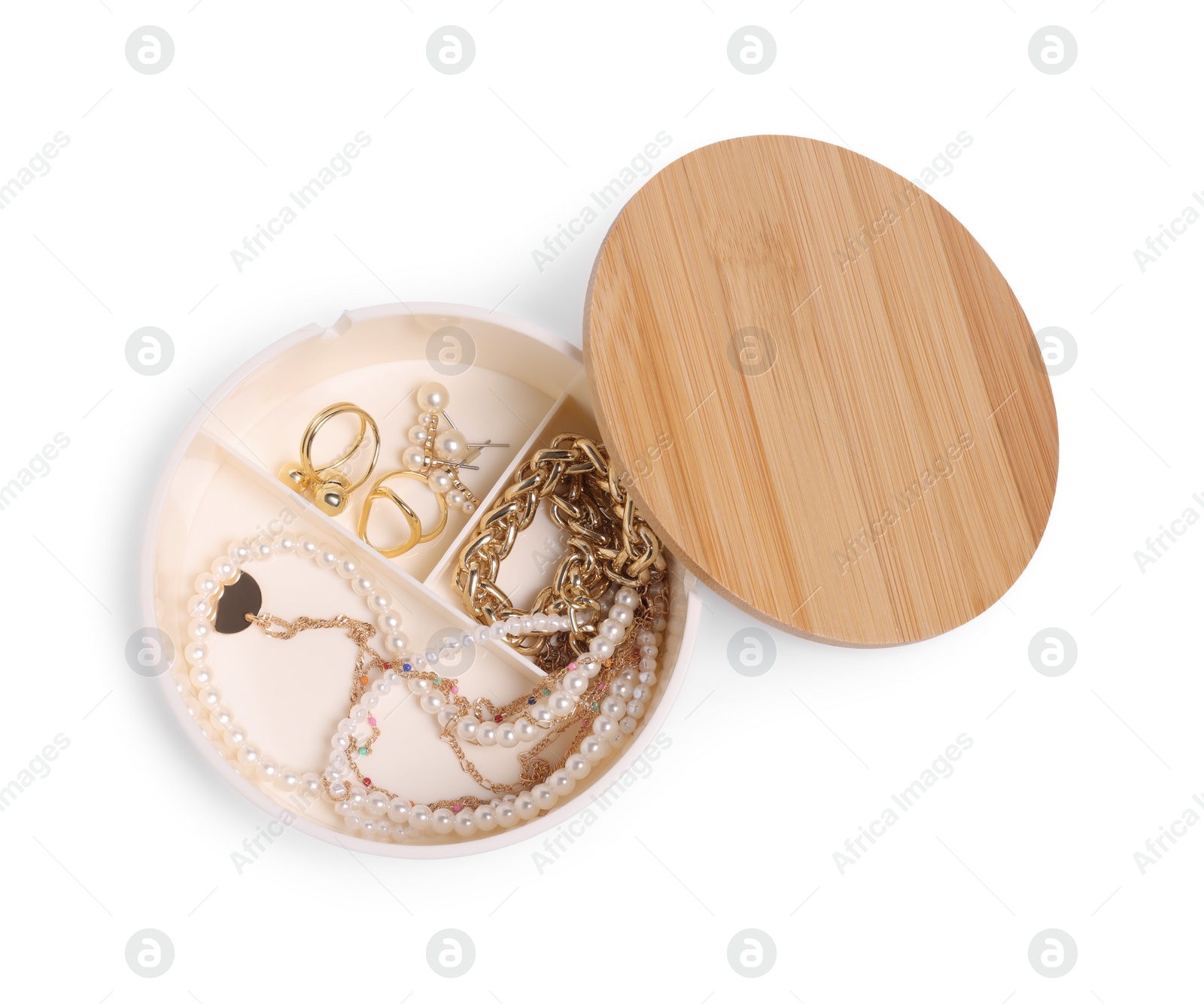 Photo of Jewelry box with different accessories isolated on white, top view