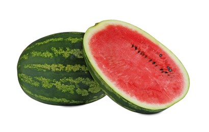 Photo of Whole and cut fresh juicy watermelons isolated on white
