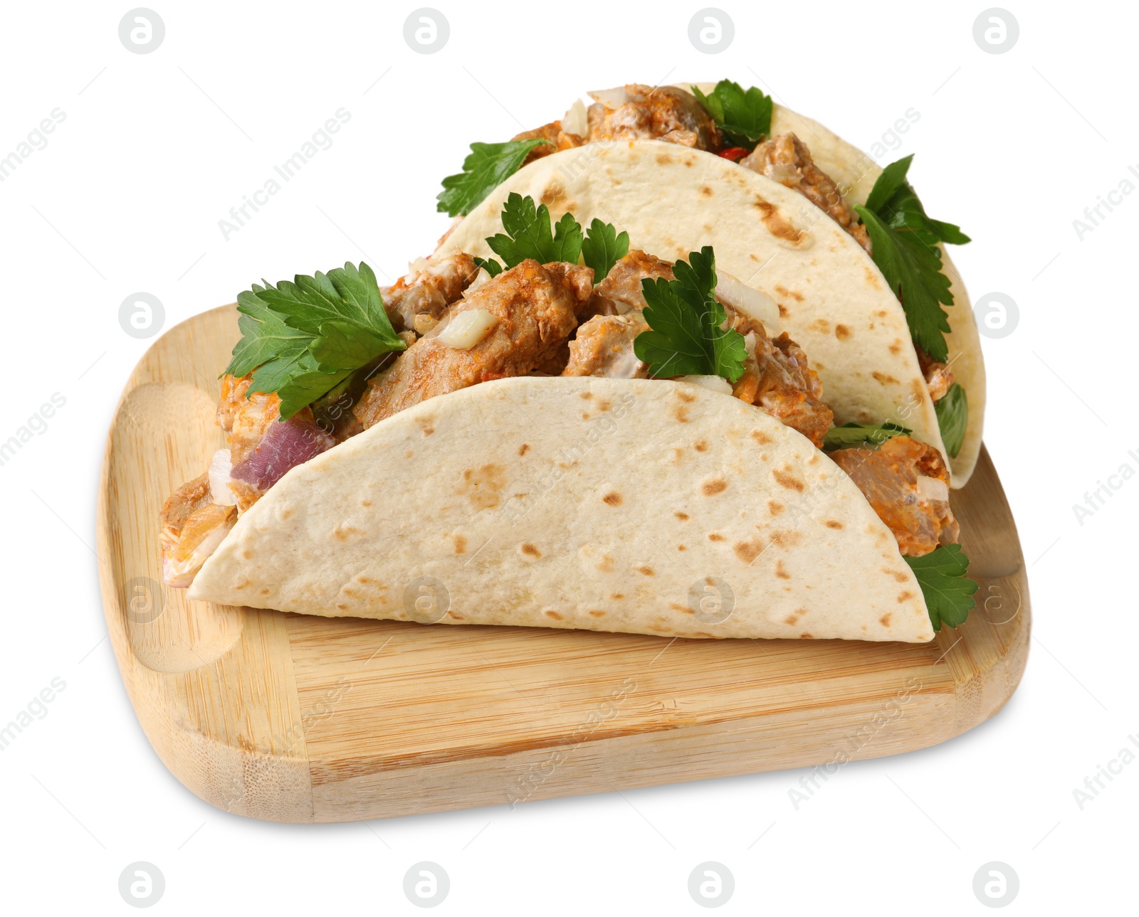 Photo of Delicious tacos with meat and vegetables isolated on white