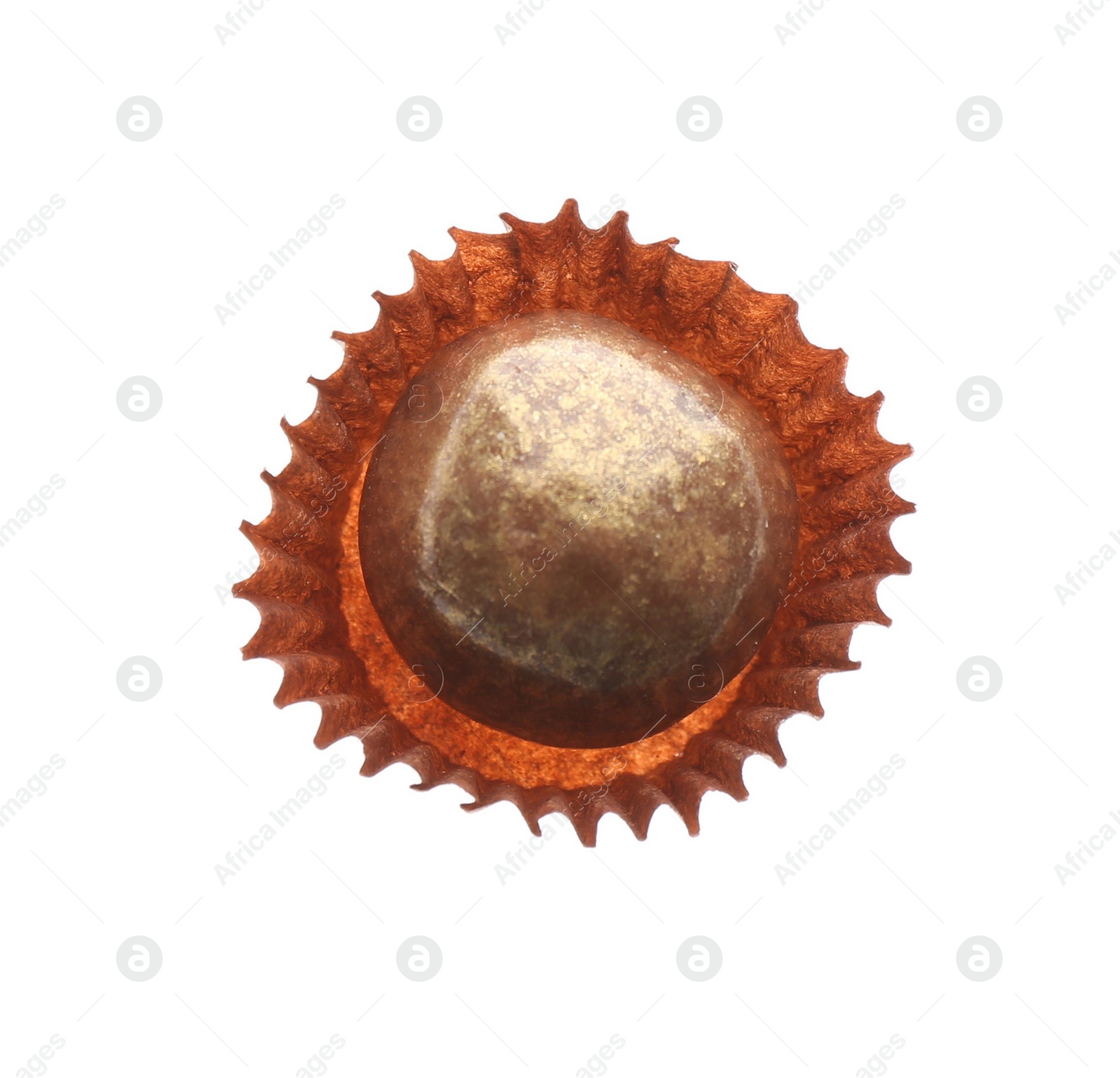 Photo of Delicious golden chocolate candy isolated on white, top view