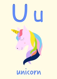 Illustration of Learning English alphabet. Card with letter U and unicorn, illustration