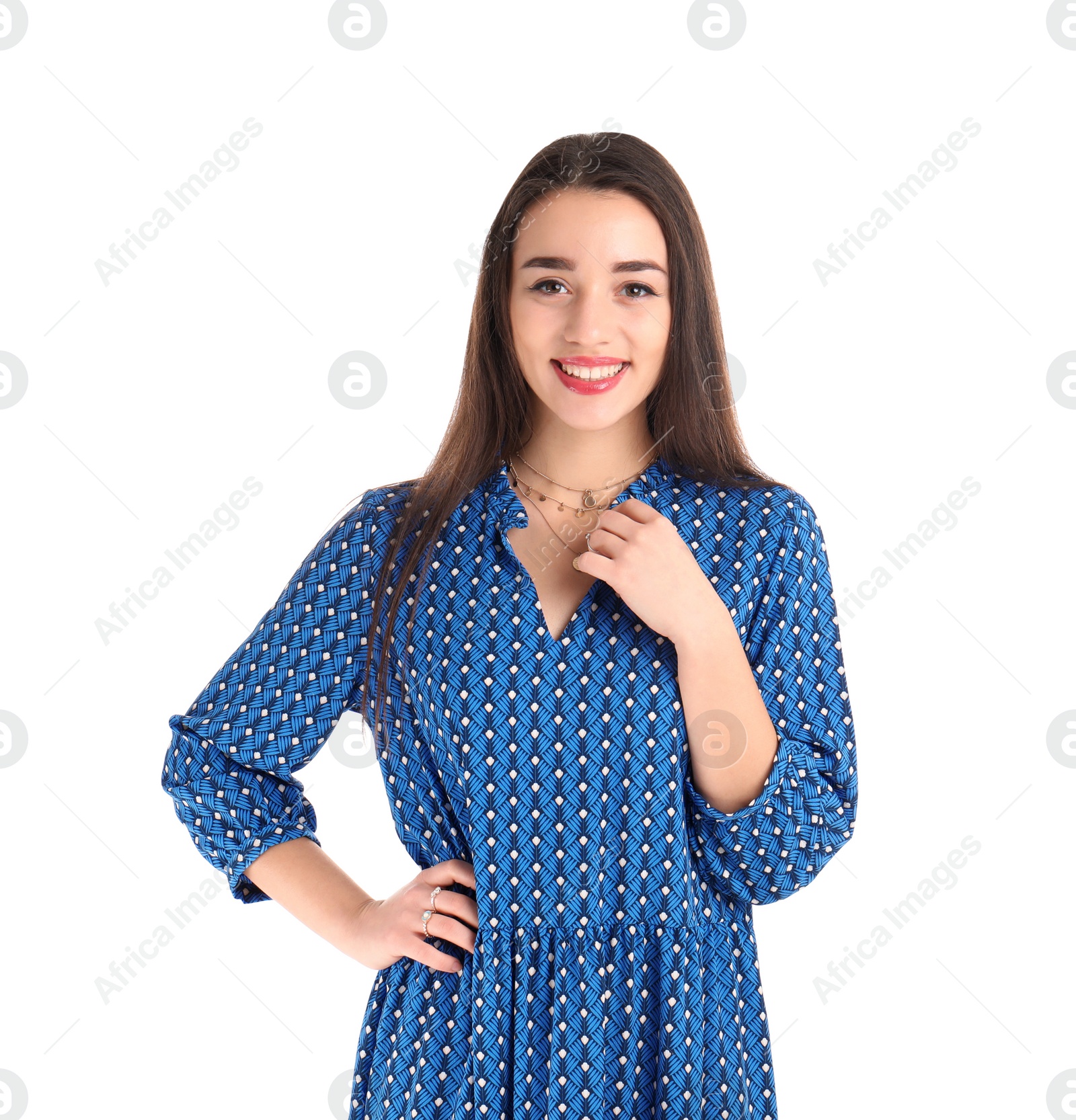 Photo of Portrait of beautiful young woman in stylish dress on white background