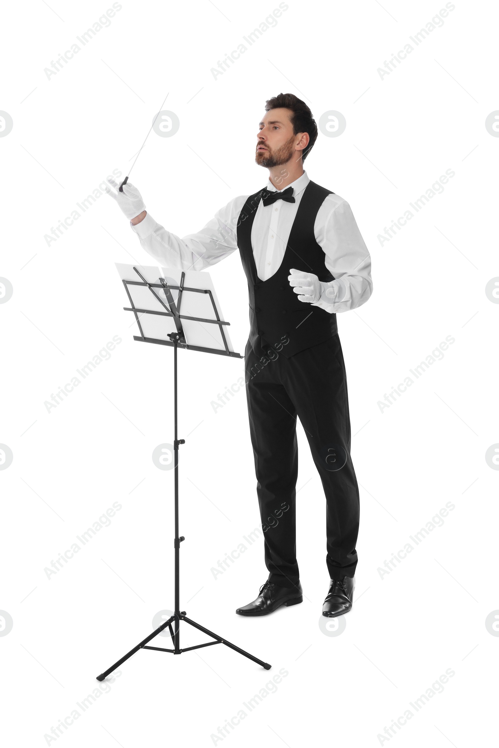 Photo of Professional conductor with baton and note stand on white background