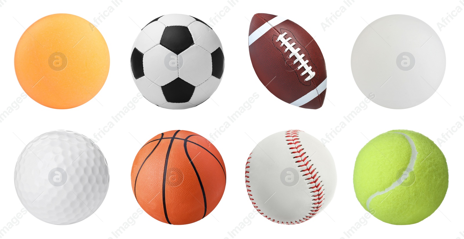 Image of Set with different sport balls on white background. Banner design