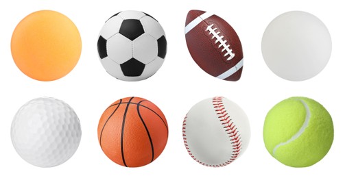 Image of Set with different sport balls on white background. Banner design