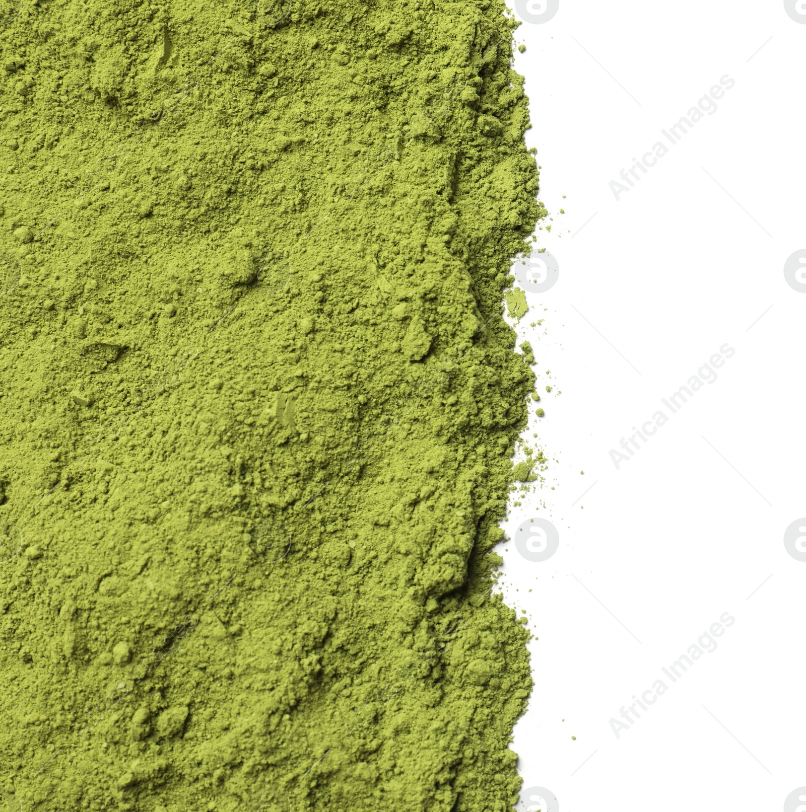 Green matcha powder isolated on white, top view Photo of Green matcha powder isolated on white, top view