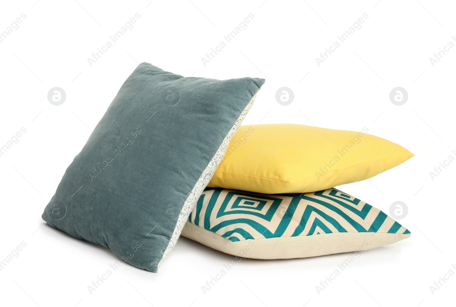 Photo of Different colorful decorative pillows on white background