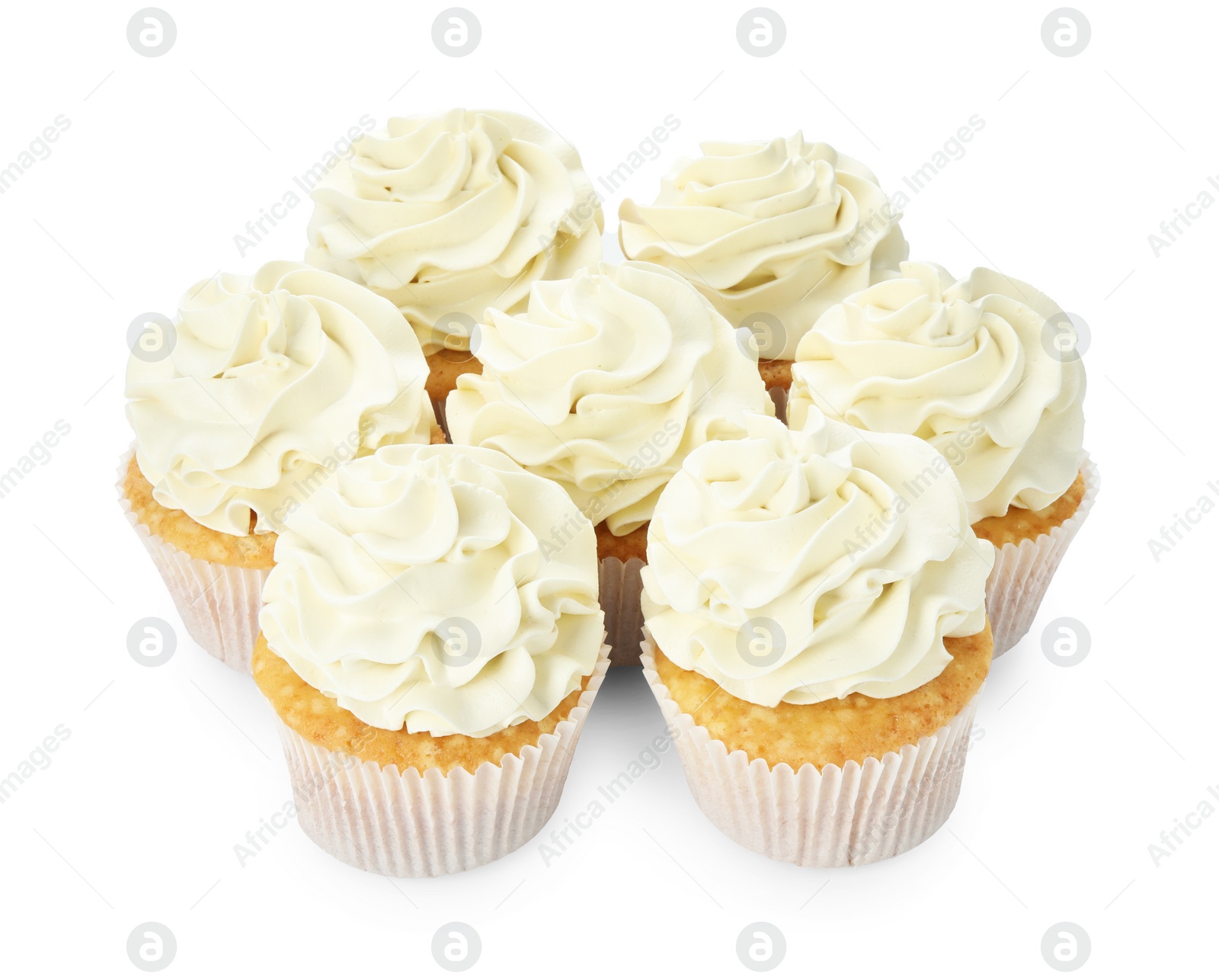 Photo of Tasty vanilla cupcakes with cream isolated on white