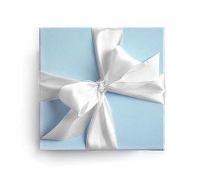 Photo of Gift box with ribbon on white background, top view