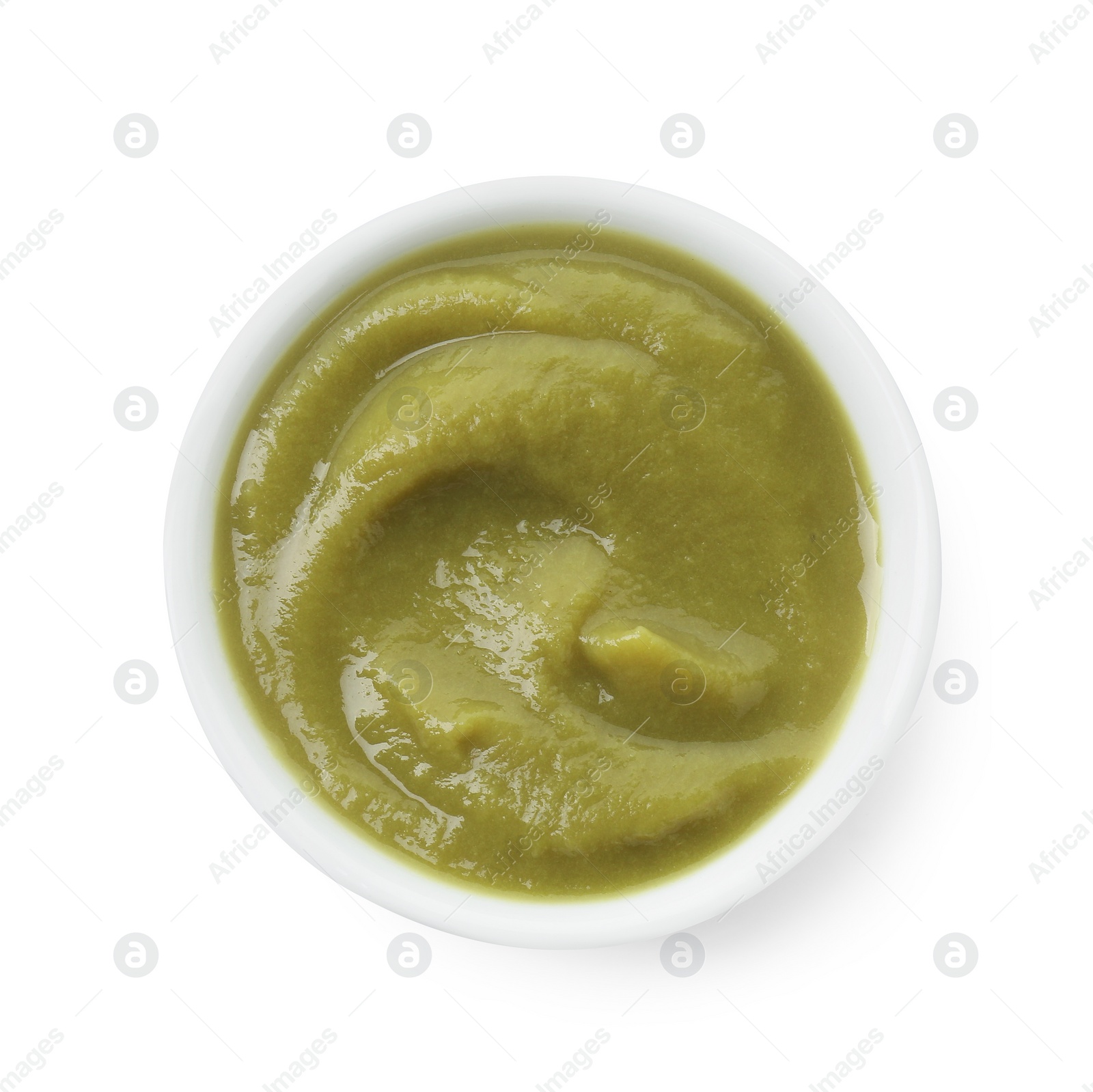 Photo of Bowl of healthy baby food isolated on white, top view
