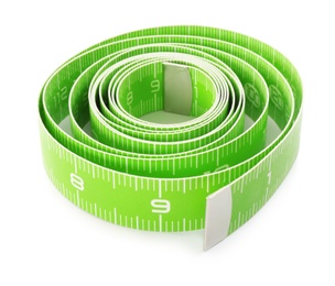 Photo of Long green measuring tape isolated on white