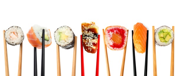 Image of Different sushi isolated on white. Chopsticks with asian food, set