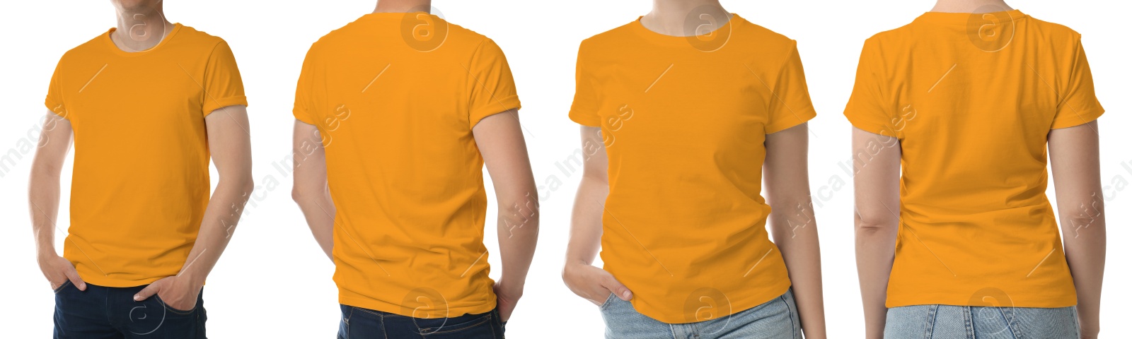 Image of Collage with photos of man and woman wearing orange in t-shits on white background, closeup. Mockup for design