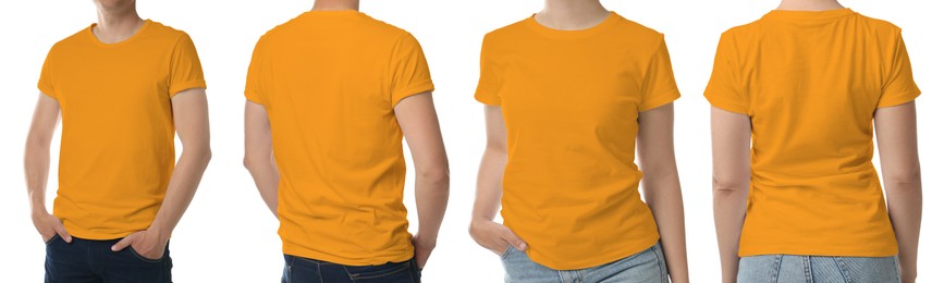 Image of Collage with photos of man and woman wearing orange in t-shits on white background, closeup. Mockup for design