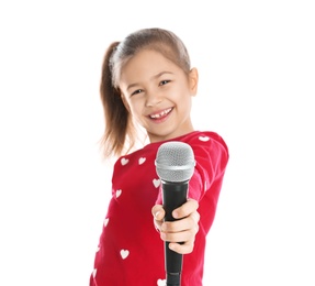 Photo of Cute funny girl with microphone on white background