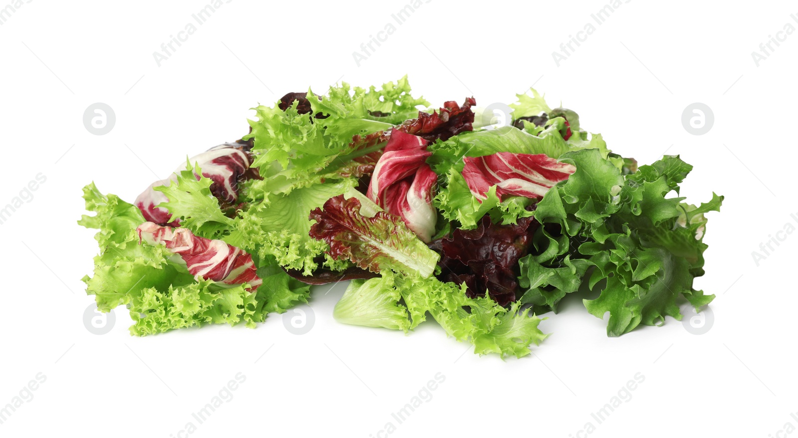 Photo of Leaves of different lettuces on white background