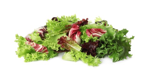 Leaves of different lettuces on white background