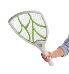 Photo of Woman with electric fly swatter on white background, closeup. Insect killer