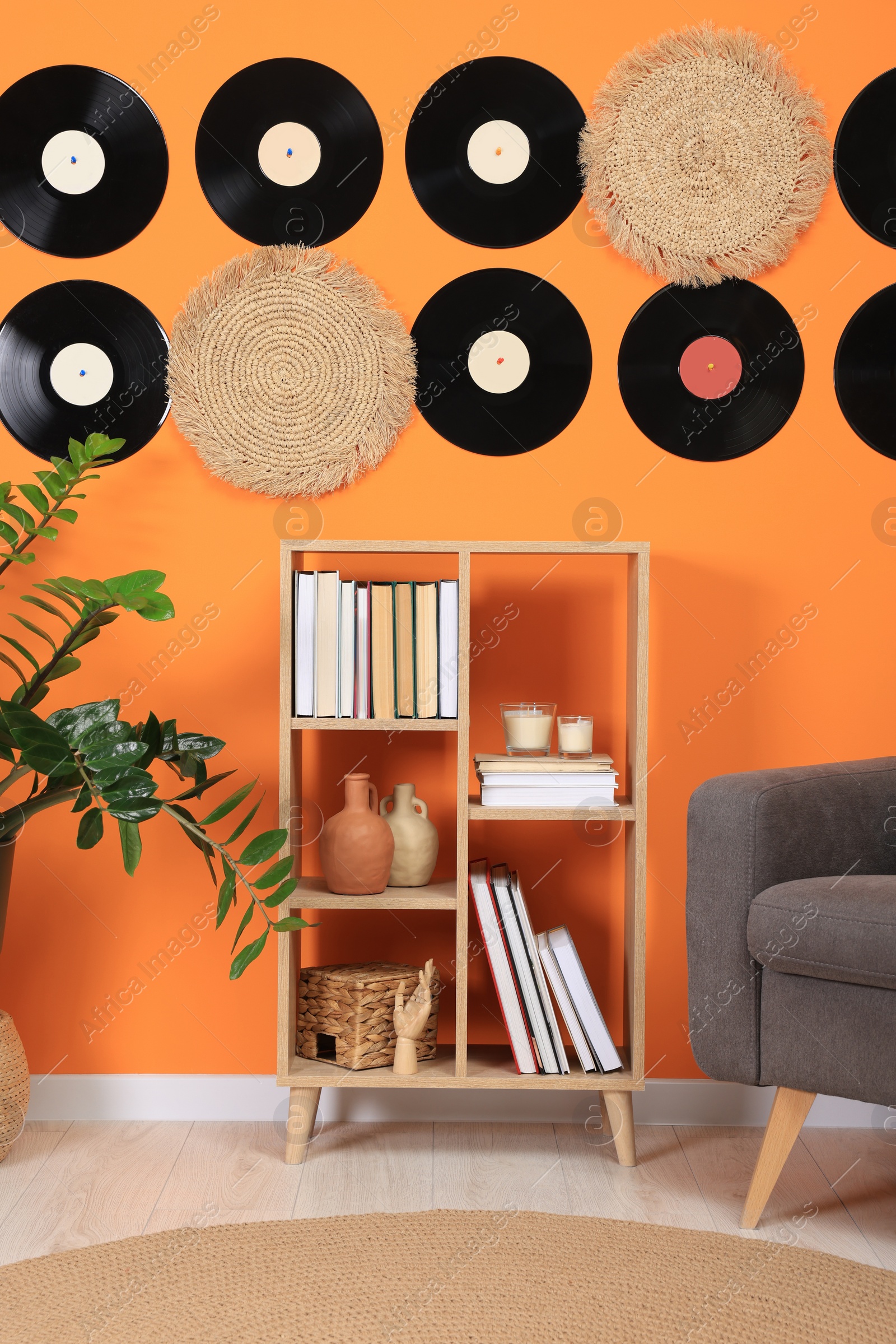 Photo of Living room interior decorated with vinyl records