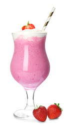 Photo of Tasty strawberry milk shake with whipped cream and fresh berries isolated on white