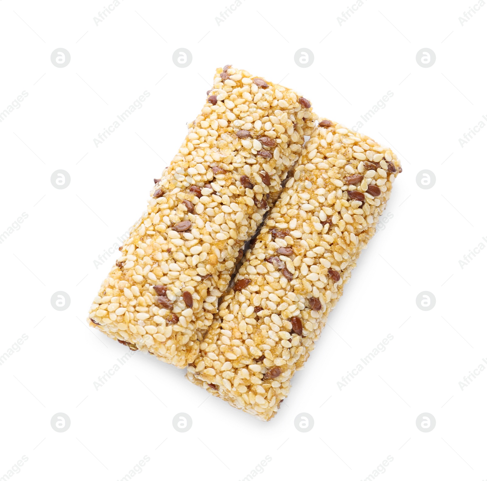 Photo of Tasty sesame seed bars isolated on white