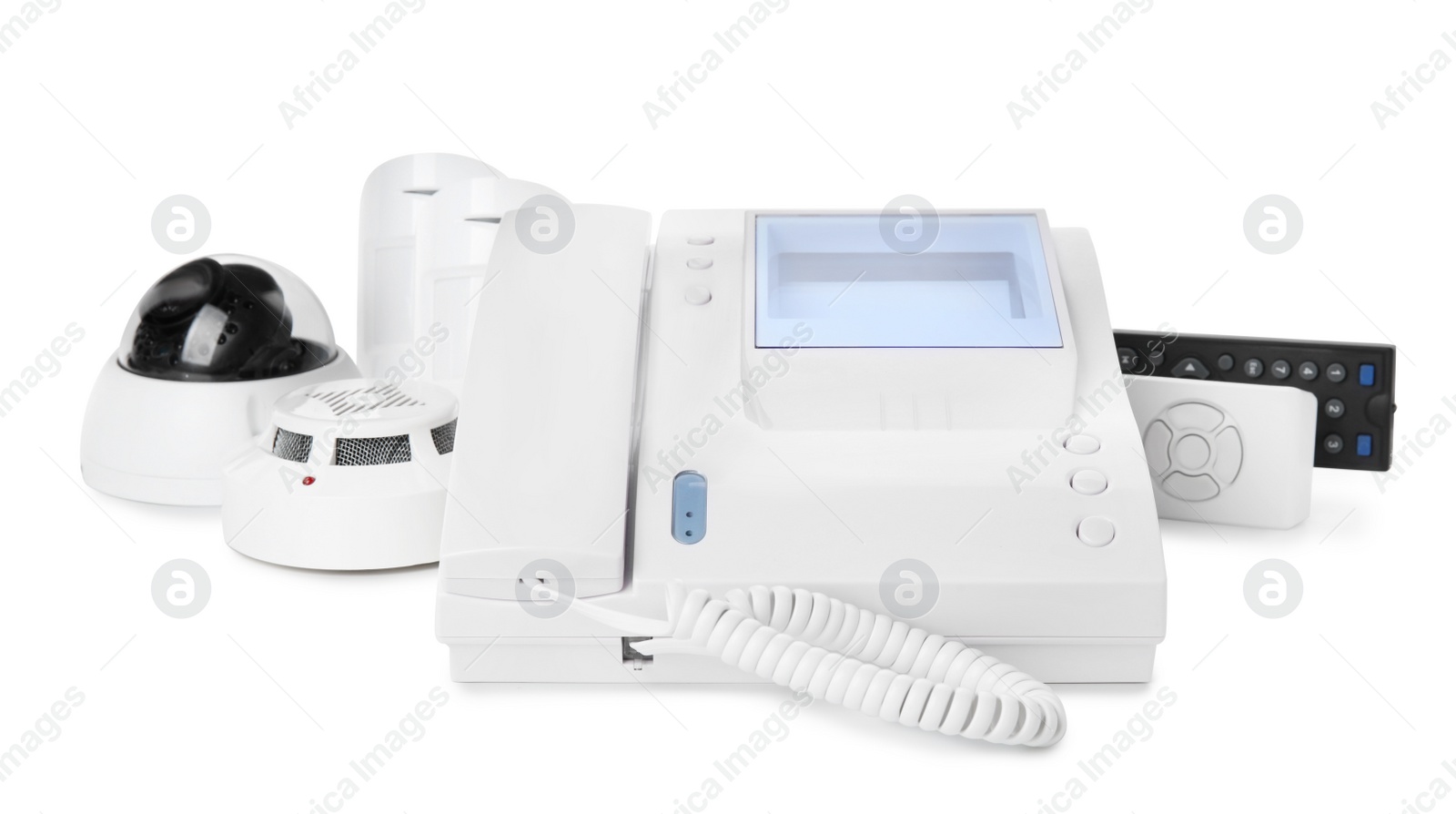 Photo of CCTV camera, remote controls, intercom, smoke and movement detectors on white background. Home security system