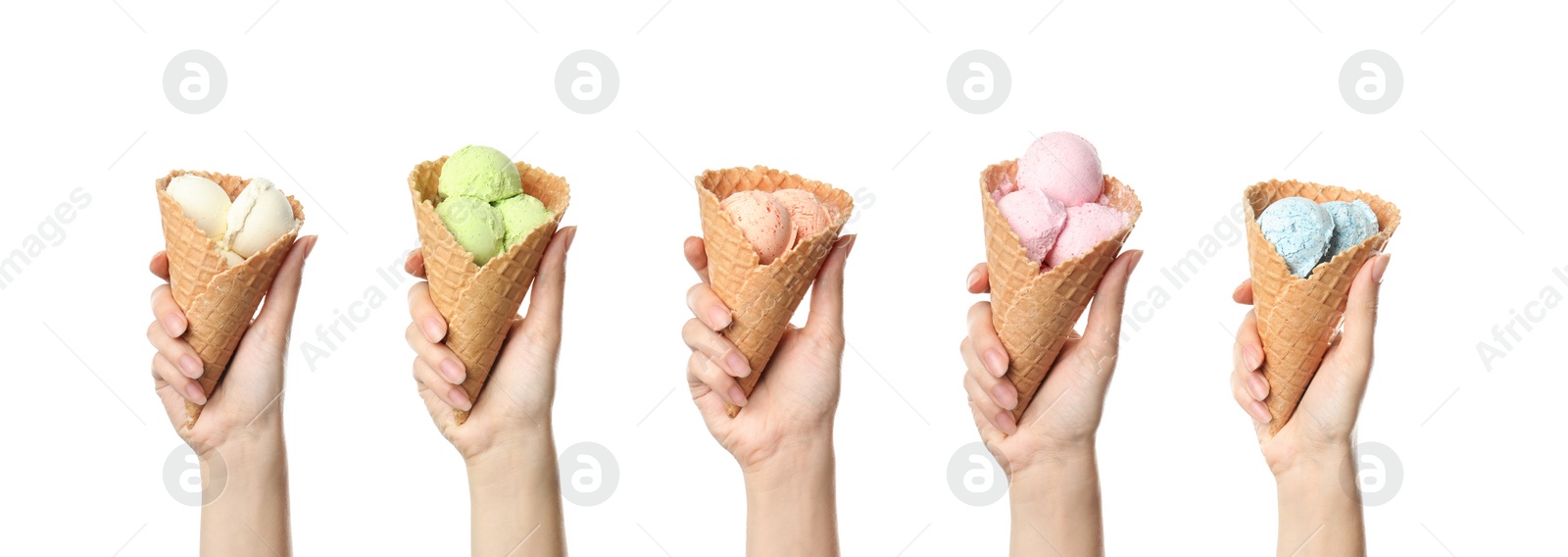 Image of People with delicious ice creams in wafer cones on white background, closeup. Banner design