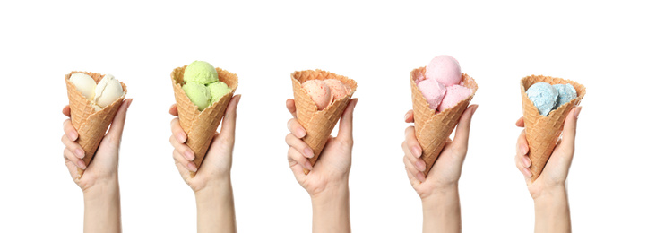 Image of People with delicious ice creams in wafer cones on white background, closeup. Banner design