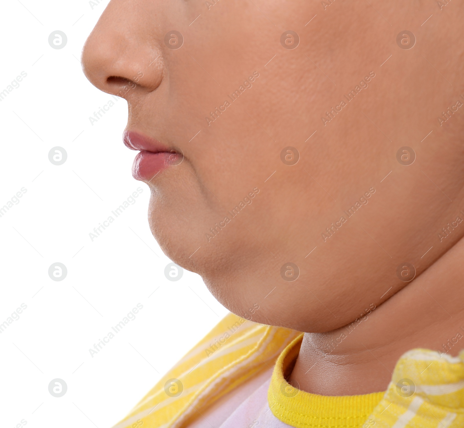 Photo of Woman with double chin on white background, closeup